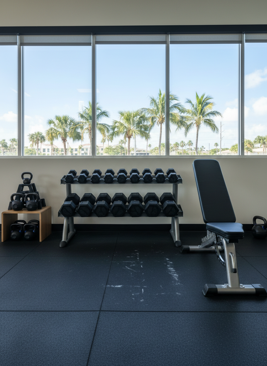 A meticulously organized personal training studio interior with a set of premium black rubber hex dumbbells arranged on a sleek metal rack, a polished adjustable weight bench, and neatly stacked kettlebells on the side. The rubber flooring is clean, with subtle texture and faint chalk marks hinting at serious training. Large windows reveal a glimpse of sunny Sarasota palm trees outside. Soft, bright natural daylight fills the room, eliminating harsh shadows and creating a professional, trustworthy atmosphere. Photographic realism, shot at eye level with a wide lens, sharp focus throughout, and a clean, modern composition that communicates experience, reliability, and attention to detail in a private training environment.