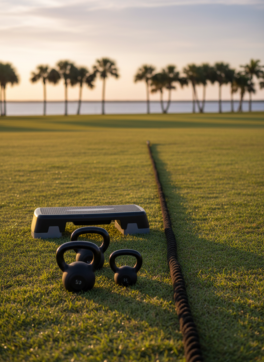 A serene Sarasota outdoor training setup on a well-maintained patch of grass near a calm waterfront, focusing on an arrangement of sleek black kettlebells, a battle rope laid out in a straight line, and a single adjustable step platform. In the distance, palm trees and soft blue bay waters are slightly out of focus, with no people or text visible. Golden hour sunlight bathes the scene, creating a warm glow on the equipment and long, soft shadows on the grass. Photographic realism, captured from a low angle to emphasize the equipment against the expansive sky, evoking a calm, confident, and professional atmosphere ideal for one-on-one personal training sessions.